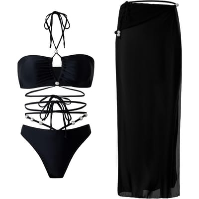 Dernier Maillot de Bain Deux Pièces pour Femmes Sexy Décolleté Plongeant à Bretelles Jupe Cache-Cache en Mousseline Kit Trois Pièces L black