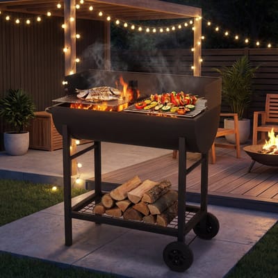 Houtskoolbarbecue ELITE met wielen en zijtafel – Dubbel grillrooster – Zwart staal – 89x47xH89 cm – 6-8 personen