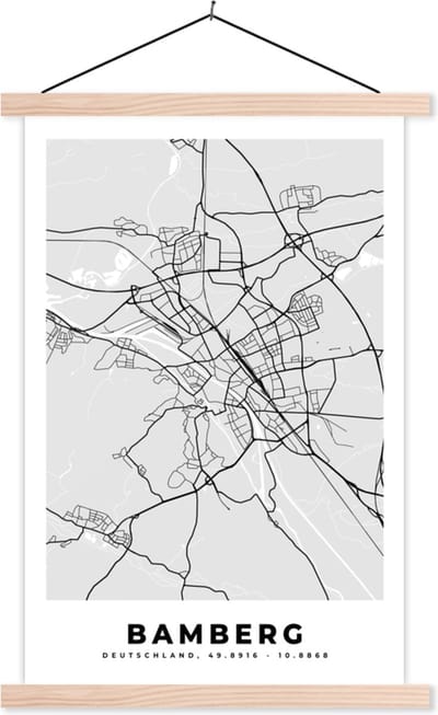 Posterhanger incl. Poster 40x60 cm - Schoolplaat - Kaart - Bamberg - Duitsland - Plattegrond - Stadskaart - Textielposter - Blanke latten - Stadskaart
