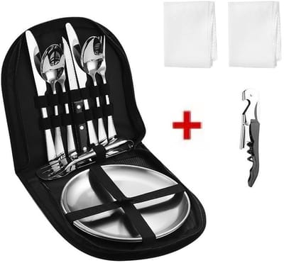 Roestvrijstalen outdoor bestek - Picknickset - Campingset - Campingbestek - Voor 2 personen (2 vorken, 2 lepels, 2 messen, 1 steakmes, 2 roestvrijstalen borden, 1 tang, 1 flesopener)