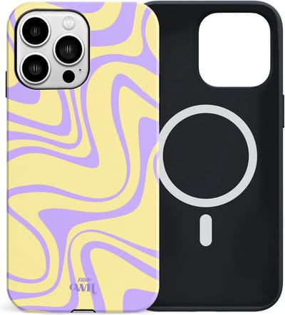 xoxo Wildhearts siliconen hoesje geschikt voor iPhone 15 Pro MagSafe hoesje - Sunny Side Up - Double Layer - Magnetisch telefoonhoesje - Magneet case - Backcover met dubbele beschermlaag - Golvenprint - Golvend patroon - golven - Geel / Paars