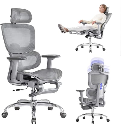 Ergonomische Bureaustoel - Comfortabele Werkstoel - Langdurig Zitten - Met Verstelbare Voetensteun - 145° Kantelfunctie - Grijs