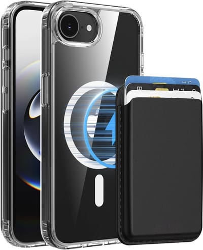 Hoesje met Pasjeshouder geschikt voor iPhone 16E / iPhone 17E Hoesje - 2 Pack - Afneembare Magnetische Pasjeshouder - Vegan Leer - Geschikt voor Magsafe iPhone 16e / iPhone 17e - Sterk Slank en Stootbestendig - Doorzichtig - Transparant