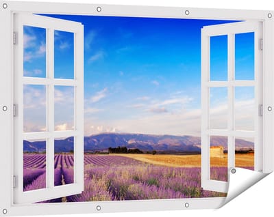 Gards Tuinposter Doorkijk Raam met Lavendel Veld - 120x80 cm - Tuindoek - Tuindecoratie - Wanddecoratie buiten - Tuinschilderij