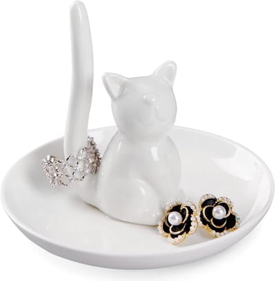 Sieradenschaaltje Kat - Ringhouder Decoratie - Juwelen Opbergen - Keramiek Figuur - 10 cm - Wit