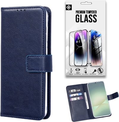 Casemania Hoesje + Glas Geschikt voor Samsung Galaxy A17 5G - Donker Blauw - Portemonnee Bookcase met Pasjeshouder en Standaardfunctie - Telefoonhoesje en Gehard Tempered Glazen Screenprotector