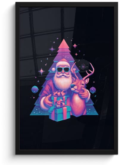 Poster in lijst - Fotolijst 40x60 cm - Posters - Retro - Kerstman - Rendieren - Kerstboom - Posterlijst zwart - Decoratie - Wanddecoratie woonkamer - Muurdecoratie slaapkamer - Kerstversiering - Kerstdecoratie voor binnen - Kerstmis