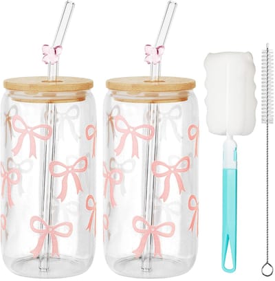Dailygoods- IJskoffiekopjes 500ml - Glazen Bekers - Luchtdichte Deksels - Rietjes - Multifunctionele Set - Handige Reinigingsborstel