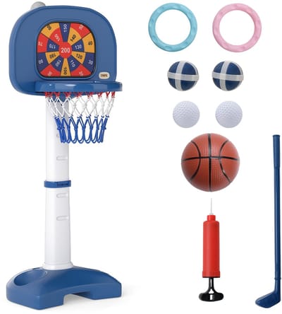 COSTWAY 4-in-1 basketbalkorf voor kinderen, basketbalstandaard, 100-140 cm, in hoogte verstelbaar, ringworpen, plakbal en golfspel, mandinstallatie, activiteitencentrum, indoor, outdoor, voor kinderen