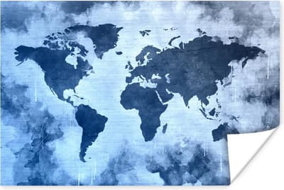 Poster 30x20 cm - Wereldkaart - Kleur - Blauw - Posters - Kamer decoratie - Wanddecoratie woonkamer - Muurdecoratie slaapkamer