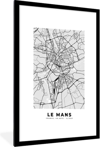 Fotolijst incl. Poster - Plattegrond - Le Mans - Stadskaart - Kaart - Frankrijk - 60x90 cm - Posterlijst