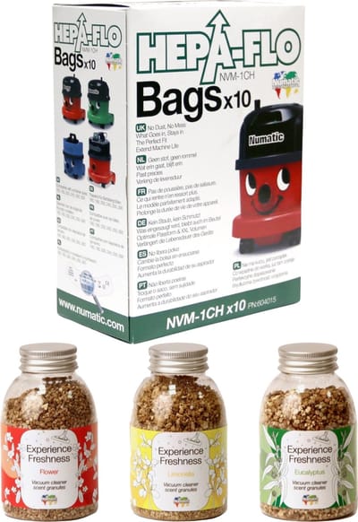 Numatic - 1x Stofzuigerzakken + 3x Geurkorrels Flower/Eucalyptus/Limonella - Hepa flo bags - Voor Henry/Hetty - NVM 1CH X10 - COMBIDEAL