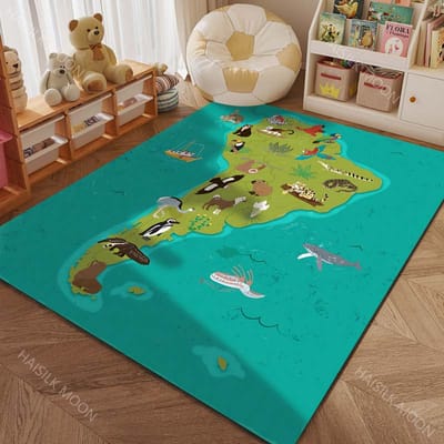 Cartoon Kaart van Vijf Continenten met Dieren Print Tapijt voor Woonkamer Slaapkamer Bank Deurmat Decor Kinderkamer Vloerkleed voor Cadeaus 40x60cm (16x24in)