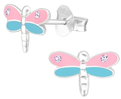 Joy|S - Zilveren libelle oorbellen - 10 x 6 mm - roze blauw met kristal