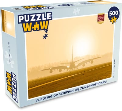 Puzzel Vliegtuig op Schiphol bij zonsondergang - Legpuzzel - Puzzel 500 stukjes