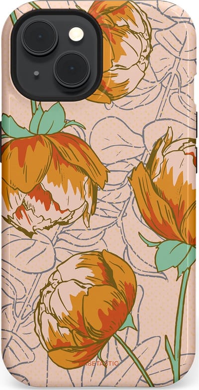 Casetastic hoesje geschikt voor Apple iPhone 15 - MagSafe - Dubbellaagse bescherming - Lente pioenroos - Fashion Case - Zand Zilver Okergeel Terracotta