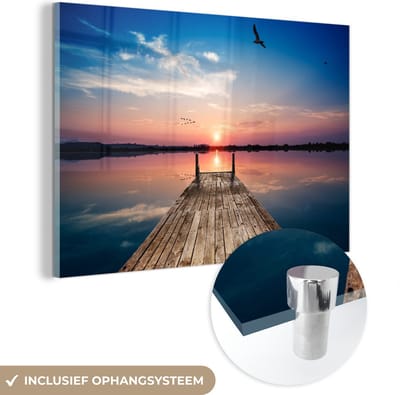 Glasschilderij - Afbeelding op glas - Pier - Water - Zonsondergang - Horizon - Acrylglas - Foto op glas - Acrylplaat - Wanddecoratie - Schilderij glas - 150x100 cm - Schilderijen woonkamer