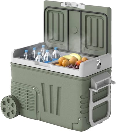 Compressor Koelbox - 33 L - Campingkoelkast - AC/DC - 12V-24V/100-240V - Draagbare autokoelkast met 2 compartimenten en wielen - Reiskoelbox - Groen