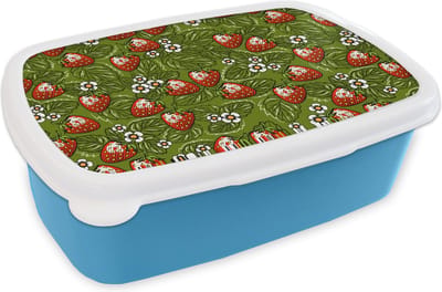 Broodtrommel Blauw - Lunchbox - Brooddoos - Bloemen - Aardbei - Bladeren - Vegan - Patronen - 18x12x6 cm - Kinderen - Jongen