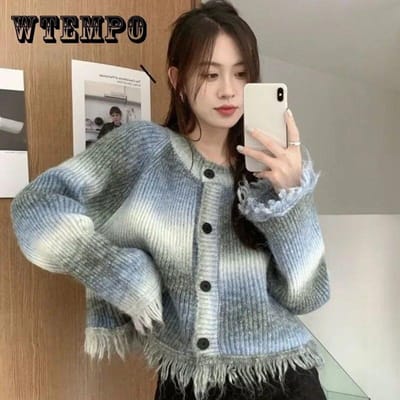 Contrast Halo Dye Design vestjas dames herfst/winter mode losse, ontspannen trui met lange mouwen gebreide top 2XL blauw