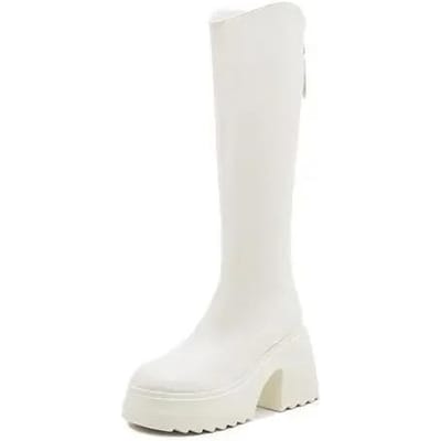 Dames Platform Schoenen Nieuwe Dikke Hak Lange Laarzen Lente Hoge Hak Ruiter Koeienleer Laarzen Dikke Zool Slanke Laarzen Kniehoog 39 beige