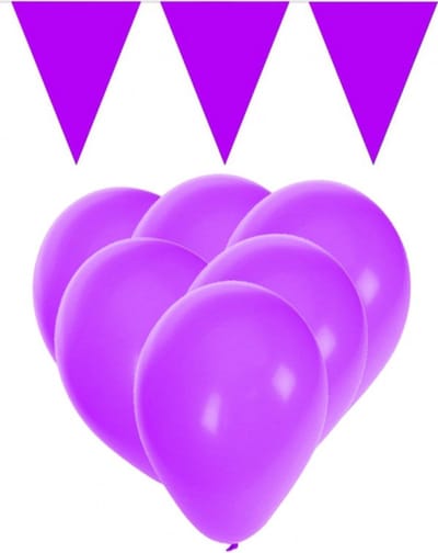 Paarse versiering 15 ballonnen en 2 vlaggenlijnen