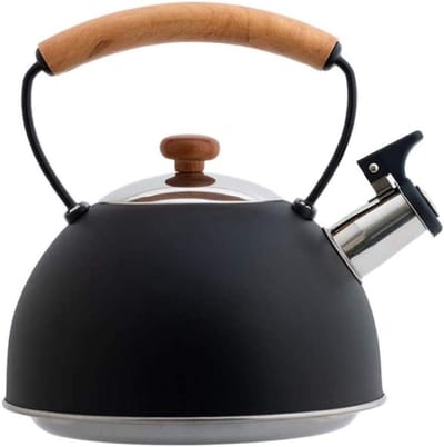 Waterkoker Inductie - Fluitketel Roestvrijstaal - Thee Koffie Zetten - Houtlook Handvat - 2.5 Liter - Zwart
