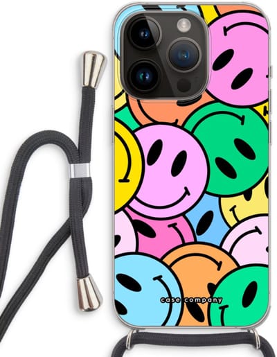 Case Company® - Hoesje met koord geschikt voor iPhone 14 Pro hoesje met Koord - Smiley N°1 - Telefoonhoesje met Zwart Koord - Bescherming aan alle Kanten en Over de Schermrand
