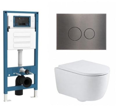 QeramiQ Dely Swirl Toiletset - inbouwreservoir Qeramiq Flush - 35mm zitting - metaal gunmetal bedieningsplaat - ronde knoppen - glans wit