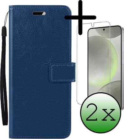 Hoesje Met 2x Screenprotector - Geschikt voor Samsung Galaxy S24 Plus - Luxe Pasjeshouder - Bookcase Portemonee - Flip Case - Kunstleer Book Case - Flipcase Hoes - Book Cover - Walletcase - Portemonneehoes - Donkerblauw