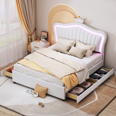 VVBV Gestoffeerd Kinderbed 140x200 cm - Opbergruimte, Lades, LED-Verlichting, Lattenbodem, Kroonhoofdbord - PU-leer Wit