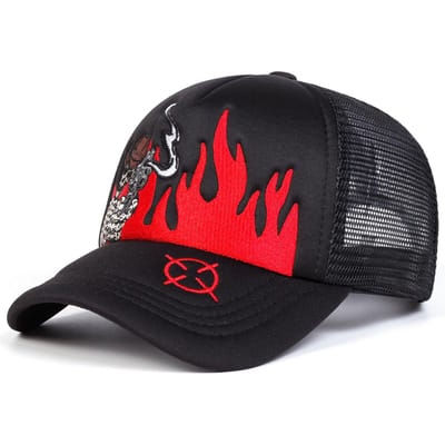 Casquettes de Baseball en Maille Unisexes Broderie Crâne Flamme Printemps Été Extérieur Réglables Casquettes Décontractées Chapeau Protection Solaire red