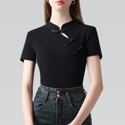 Nouveau Haut de Style Chinois à Patte Oblique et Col Montant pour l'Été Nouveau T-shirt à Manches Courtes pour Femmes Haut de Gamme Rétro Style Chinois pour Femmes M noir