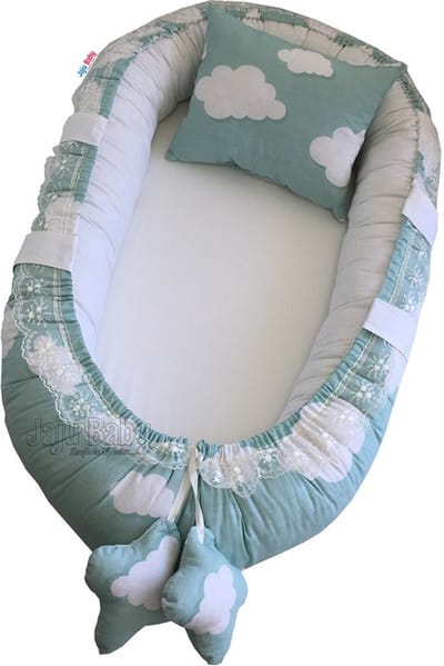 SNS Baby - Babynestje en Hoofdkussen- Munt bewolkt - 74 x 40 cm