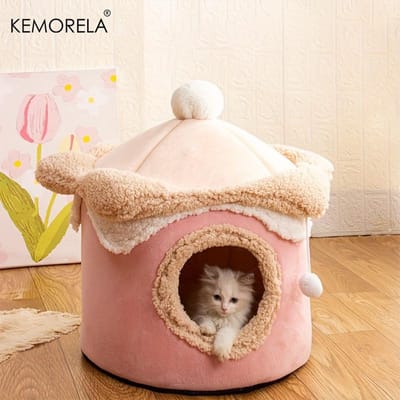 Maisonnette douillette pour animaux de compagnie sur le thème des princesses pour chats et chiens - Polyester chaud, montage facile, parfaite pour l'automne/l'hiver, lit chaud pour chat M