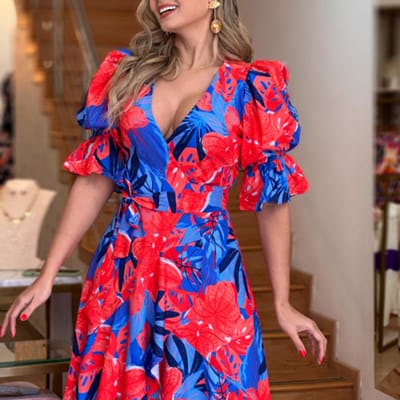 Lente Nieuwe Dameskleding Elegante V-hals Bedrukte Onregelmatige Jurk voor Dames XL blue