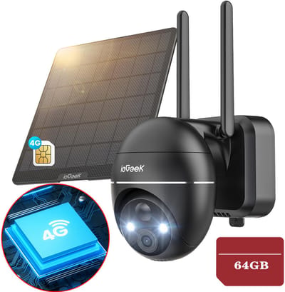 ieGeek 4G LTE Bewakingscamera Buiten met SIM-kaart – 2K Ultra HD, Nachtzicht, Bewegingsdetectie, IP67, 360° Draaibaar – Incl. Zonnepaneel – Voor Tuin, Erf & Bedrijf - Zwart - 64GB-KAART
