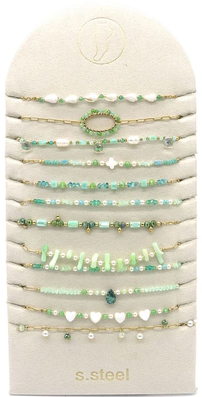 Enkelbandjes - set van 12 - enkelsieraad - accessoire - kralen - vakantie - festival - strand - zomer - wit - hartjes - klaver - groen - RVS - verstelbaar - goudkleurig - hip - trendy - tijdloos - chique - feest - geschenk - cadeau - dames - vrouwen