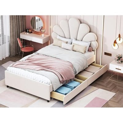 ModernLuxe Fluweel gestoffeerd eenpersoonsbed met 2 lades - 90x200cm - bloemvormig hoofdeinde - met lattenbodem - Beige