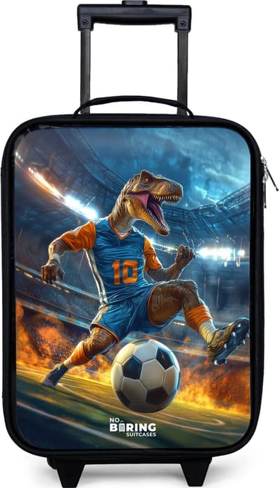 NoBoringSuitcases.com® - Kinderkoffer jongen - Kindertrolley meisje - T-Rex als voetballer in vol stadion - Koffer kind lichtgewicht - Reiskoffer trolley voor kinderen - Koffertje met lichtgevende wieltjes - Rolkoffer zwart
