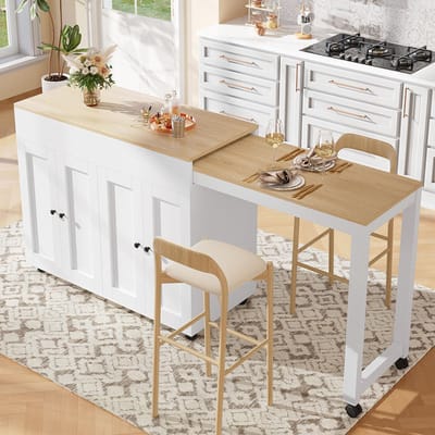 BLACKCOLORS Moderne uitschuifbare bartafel (118-180×50×94 cm), uitschuifbare eettafel met opbergruimte, met zes opbergvlakken, hoge tafel, bistrotafel, voor de eetkamer, te gebruiken als scheidingswand in de woonkamer, wit