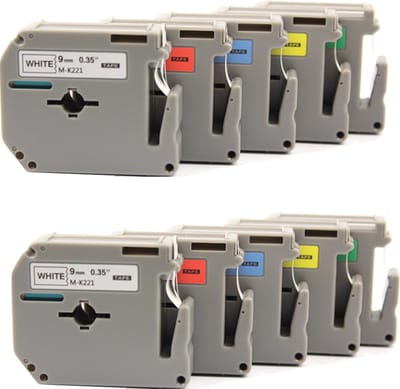KATRIZ® huismerk label tape voor Brother | PT-65/70/80/90/M98 | 2x M-K221(Zwart op Wit) + 2x M-K421(Zwart op Rood) + 2x M-K521(Zwart op Blauw) + 2x M-K621(Zwart op Geel) + 2x M-K721(Zwart op Groen) | 9mm*8m |  10 stuks