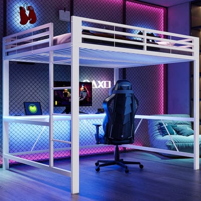 REDOM hoogslaper 160x200 cm – Wit (metaal + MDF) – Geïntegreerd bureau (dik MDF) – LED (meerdere kleuren) – USB-laadstation – Veiligheidshek rondom – 200 kg