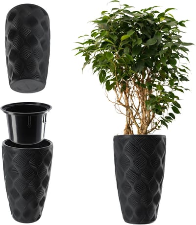 KADAX Bloempot met inzetstuk en handgrepen, plantenbak van kunststof in 5 maten, uv-bestendig, weerbestendig, hoog, met 3D-effect, zwart, hoog
