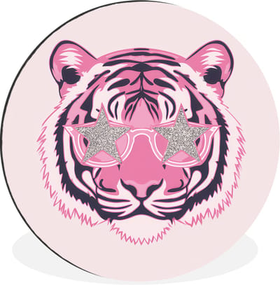 WallCircle - Wandcirkel - Muurcirkel - Tijger - Glitterzonnebril - Roze - Aluminium - Dibond - 30x30 cm - Binnen en Buiten