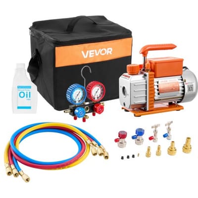 VEVOR Vacuümpomp met Manometer, 3,5 Cfm 99 L/Min, 180 W Eentraps Roterende Schottenvacuümpomp, Vacuümpompset voor R134a, R22, R410a, R1234yf & R32, Inclusief Draagtas voor Auto-Airconditioningsystemen.