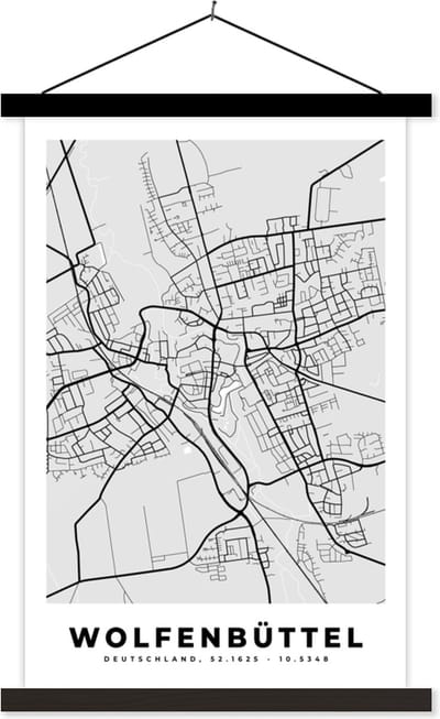Posterhanger incl. Poster 40x60 cm - Schoolplaat - Stadskaart - Duitsland - Wolfenbüttel - Kaart - Plattegrond - Textielposter - Zwarte latten - Stadskaart