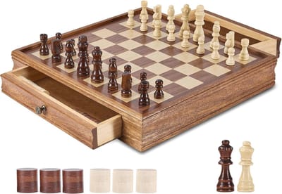 Houten Schaakspel 2-in-1 | 380 mm Schaak- en Damspel met Opberglade en Verzwaarde Stukken