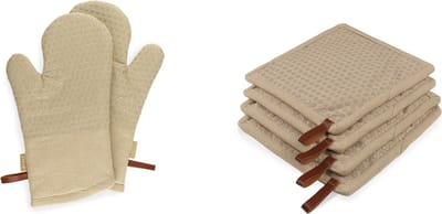 CH&F silicon dots Canyon set van 6 stuks | 2 ovenwanten en 4 pannenlappen beige | 100% katoen met siliconen dots