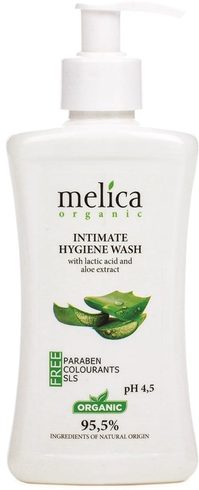 MELICA ORGANIC Biologisch 95,5% Natuurlijke INTIEME HYGIENE ACTIEVE WASEMULSIE met Melkzuur en ALOE VERA EXRACT zonder parabenen, kleur-en geurstoffen, smakstoffen, alkali, zeep, SLS, SLES, met pompje